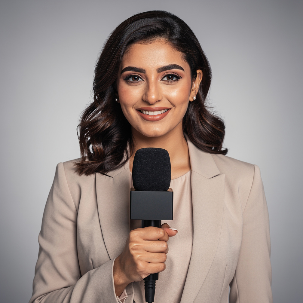Portrait of a live event reporter holding a microphone
