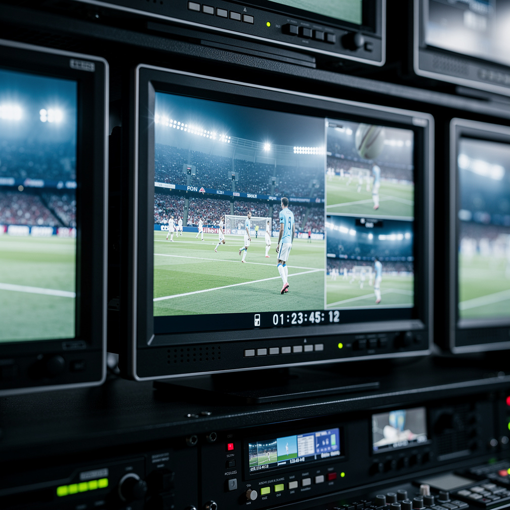 Close-up of broadcast monitors showing a live event feed
