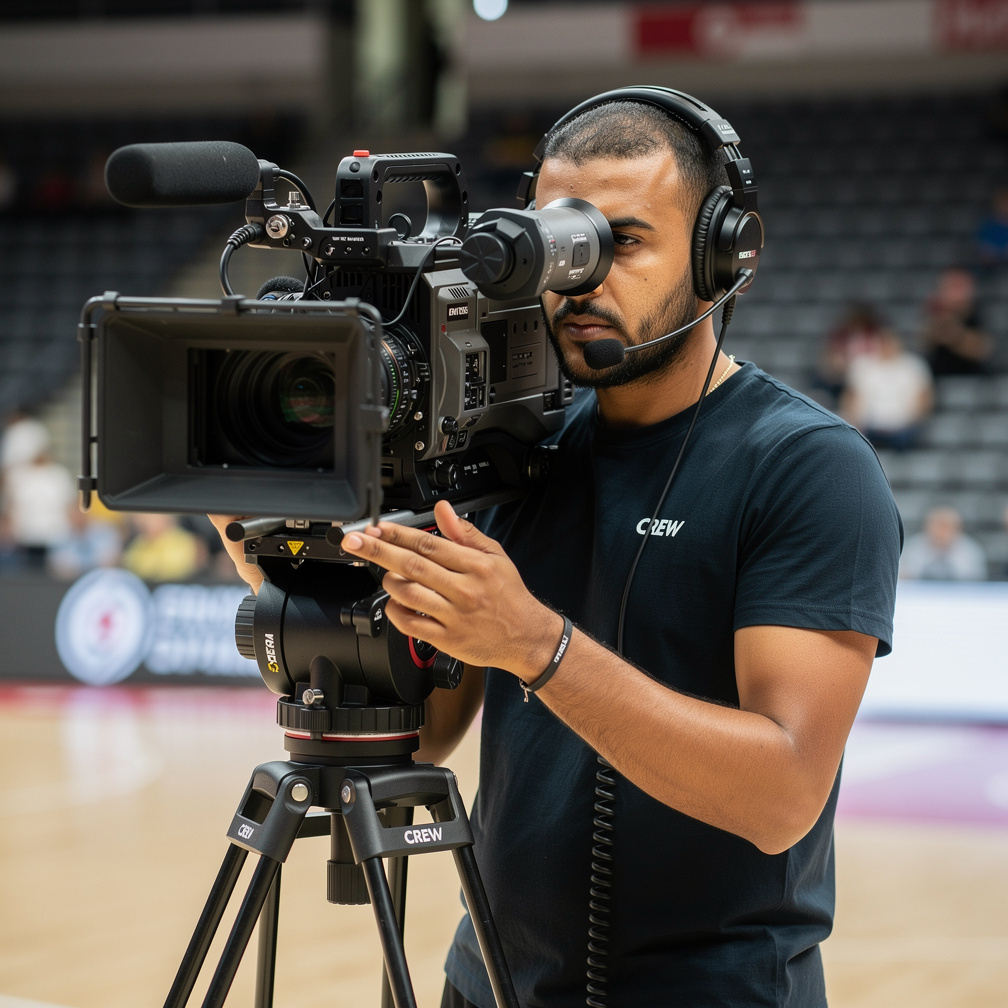 Camera operator filming a live event with a professional camera