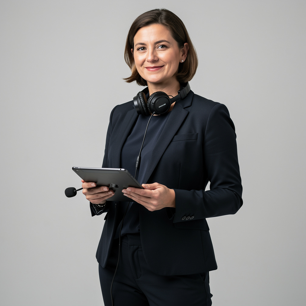 Portrait of a media producer holding a tablet and headset in a broadcast studio