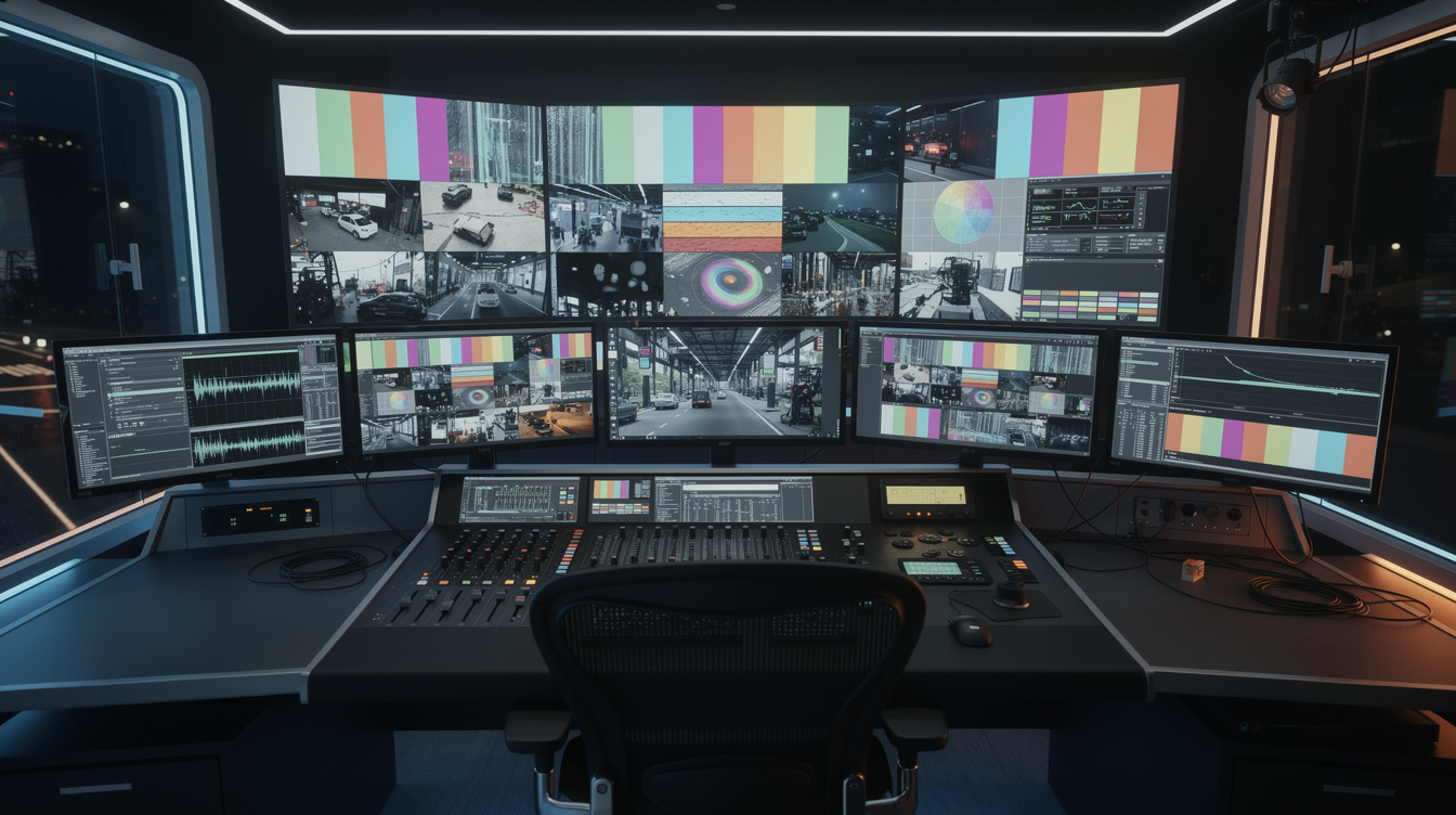 Professional television studio control room with monitors and mixing console