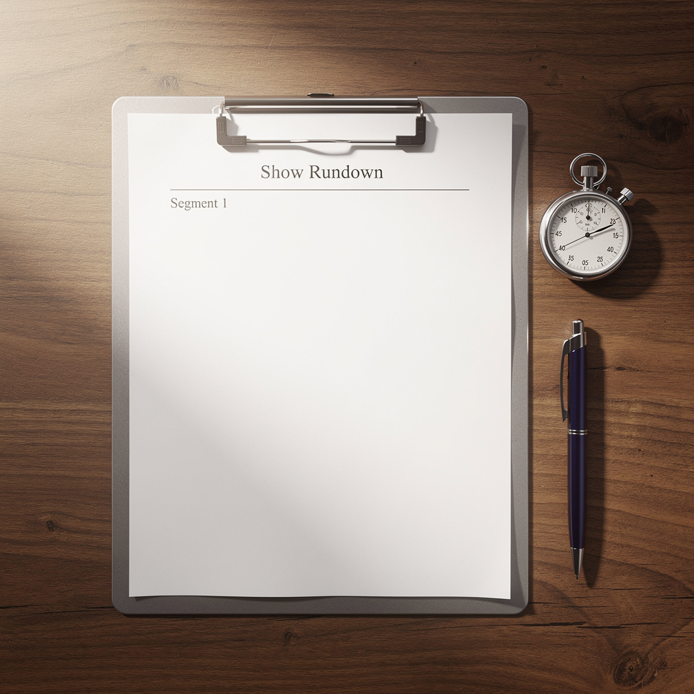 Production rundown sheet and stopwatch on a studio desk